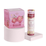 florafo bundle of a box of Crimson Rose whole flower infusions next to a paper tube of Floral Tea Ball flower balls. The box is sitting on a pastel pink cylindrical platform and the tube is standing on a lower square pastel pink platform.