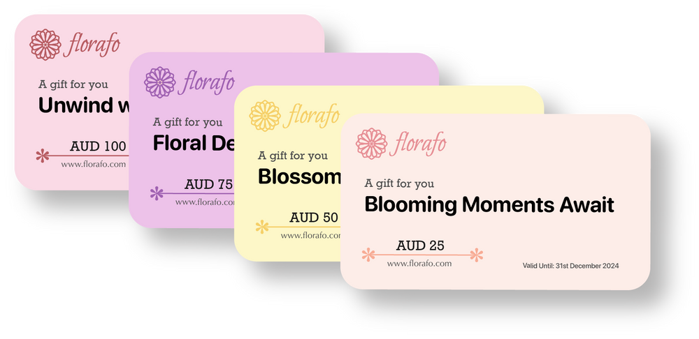 florafo gift cards, showing four demoninations; AUD $100, AUD $75, AUD $50 and AUD $25.