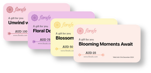 florafo gift cards, showing four demoninations; AUD $100, AUD $75, AUD $50 and AUD $25.