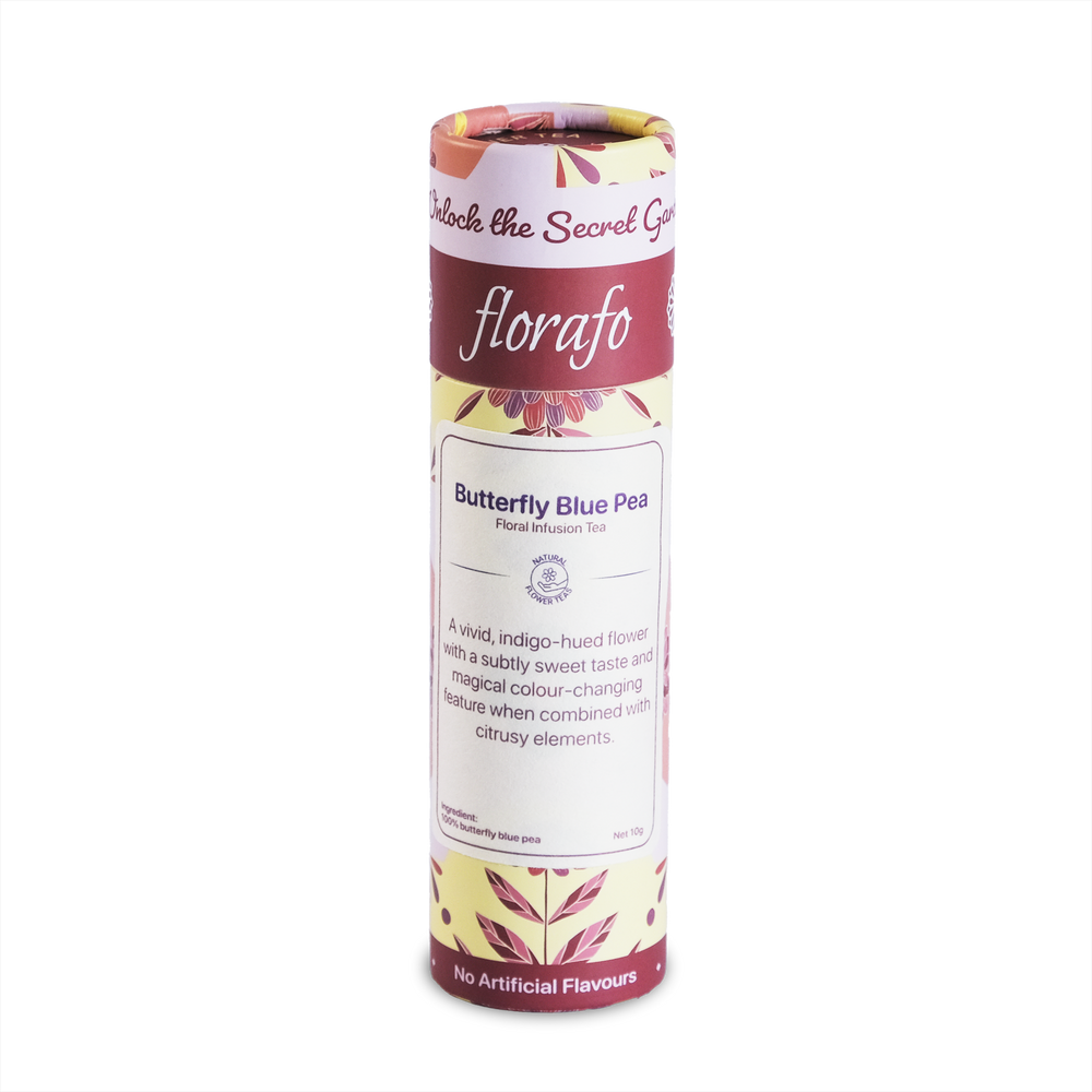 florafo 10g paper tube of Butterfly Blue Pea flower tea, which changes colour when adding lemon.